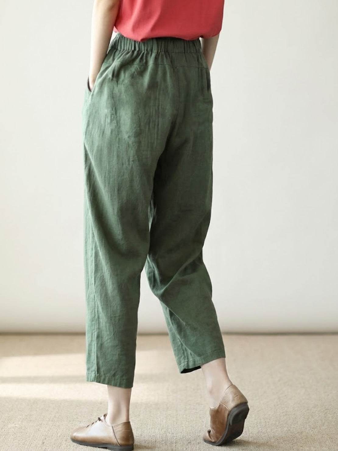 Relaxed Fit Cropped Linen Trousers with Drawstring Waist