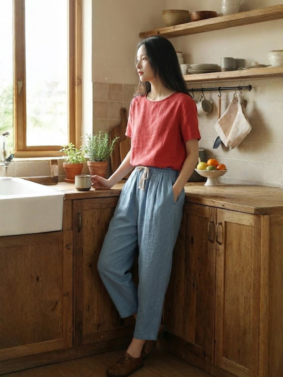 Relaxed Fit Cropped Linen Trousers with Drawstring Waist