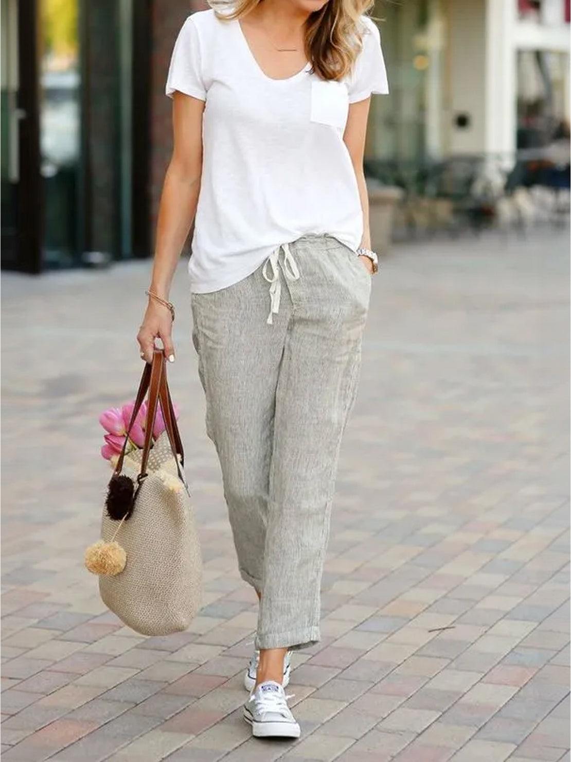 Relaxed Fit Cropped Linen Trousers with Drawstring Waist