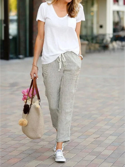 Relaxed Fit Cropped Linen Trousers with Drawstring Waist