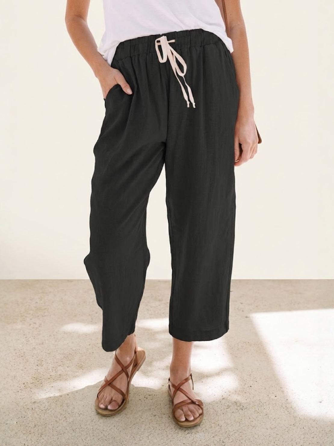 Relaxed Fit Cropped Linen Trousers with Drawstring Waist