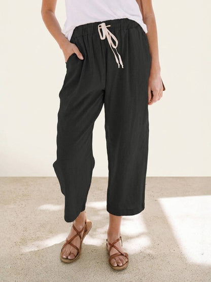 Relaxed Fit Cropped Linen Trousers with Drawstring Waist