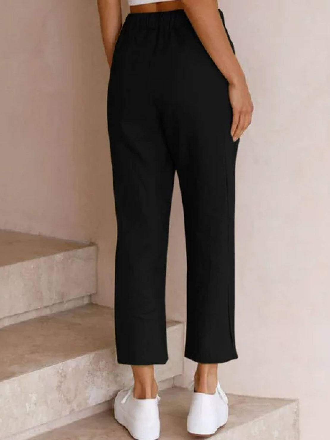 Relaxed Fit Cropped Linen Trousers with Drawstring Waist