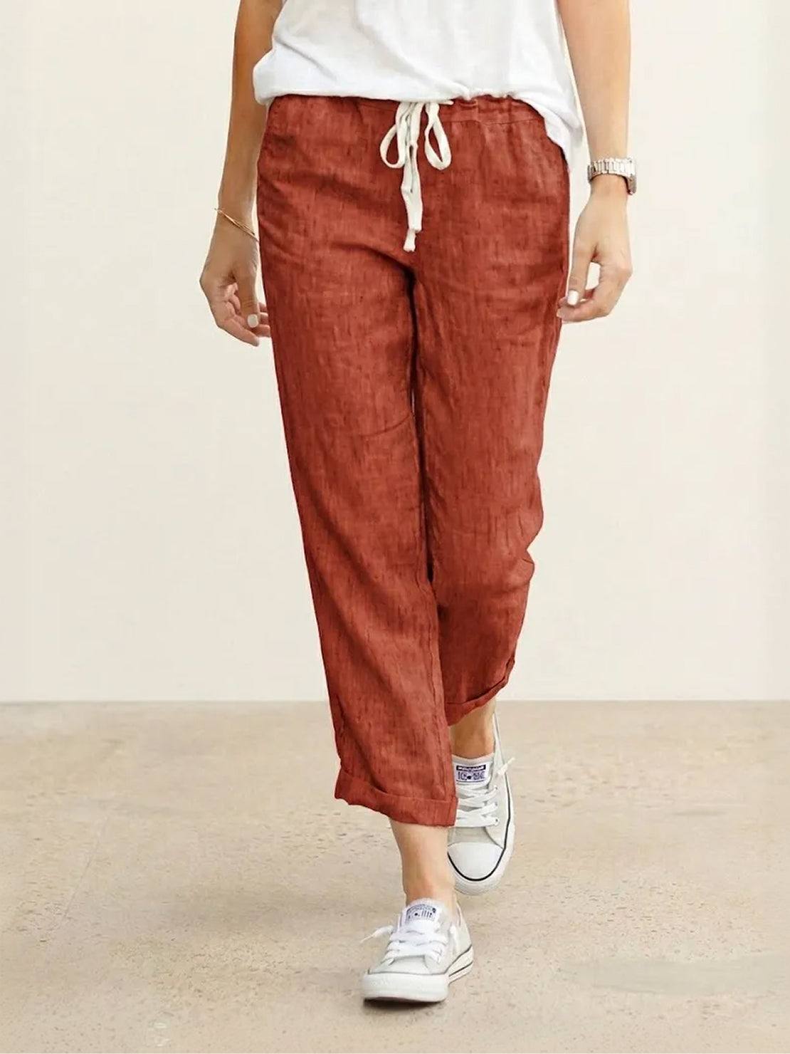 Relaxed Fit Cropped Linen Trousers with Drawstring Waist