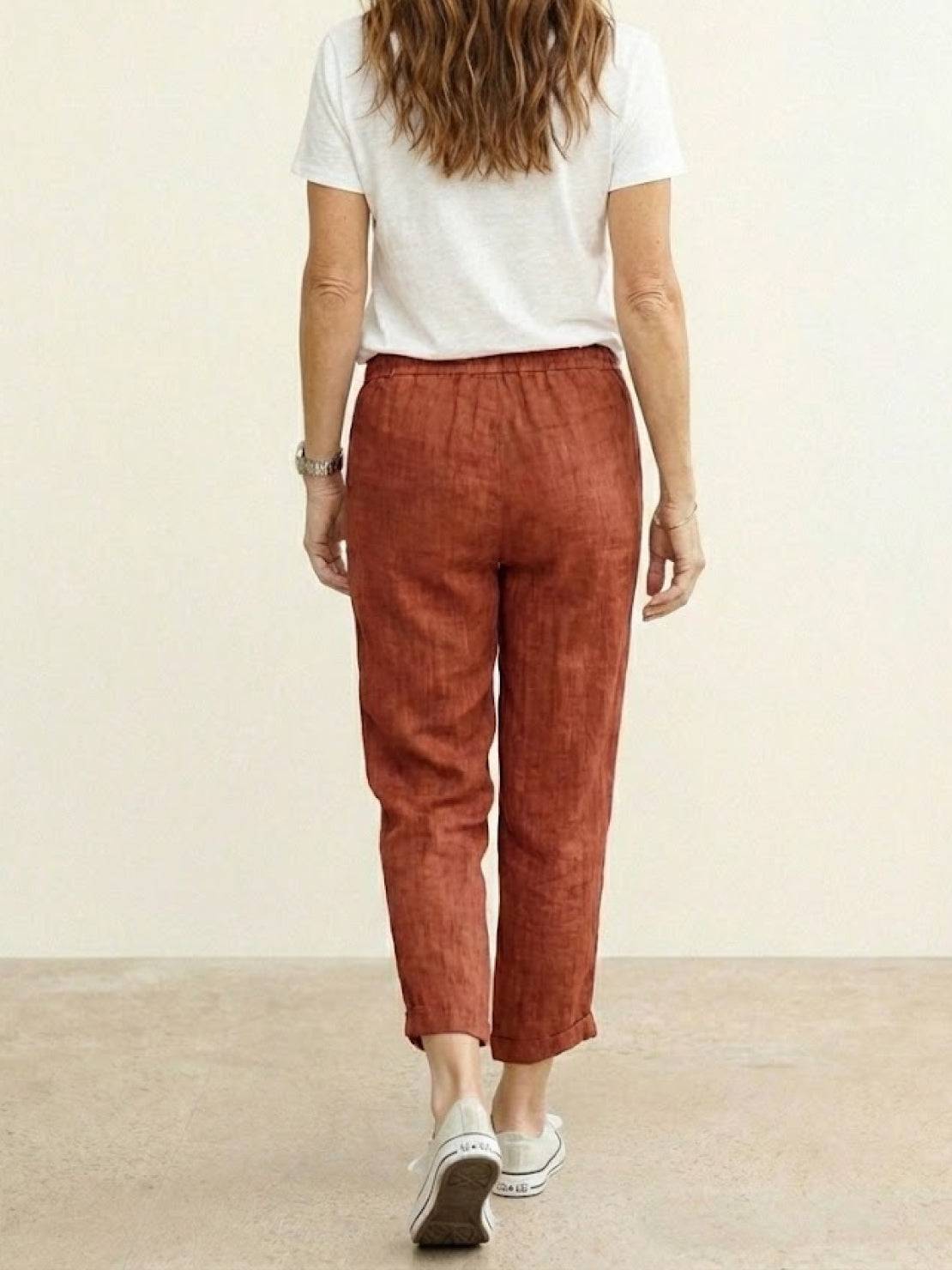 Relaxed Fit Cropped Linen Trousers with Drawstring Waist
