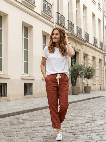 Relaxed Fit Cropped Linen Trousers with Drawstring Waist