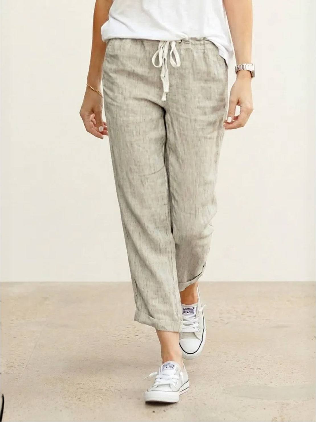 Relaxed Fit Cropped Linen Trousers with Drawstring Waist
