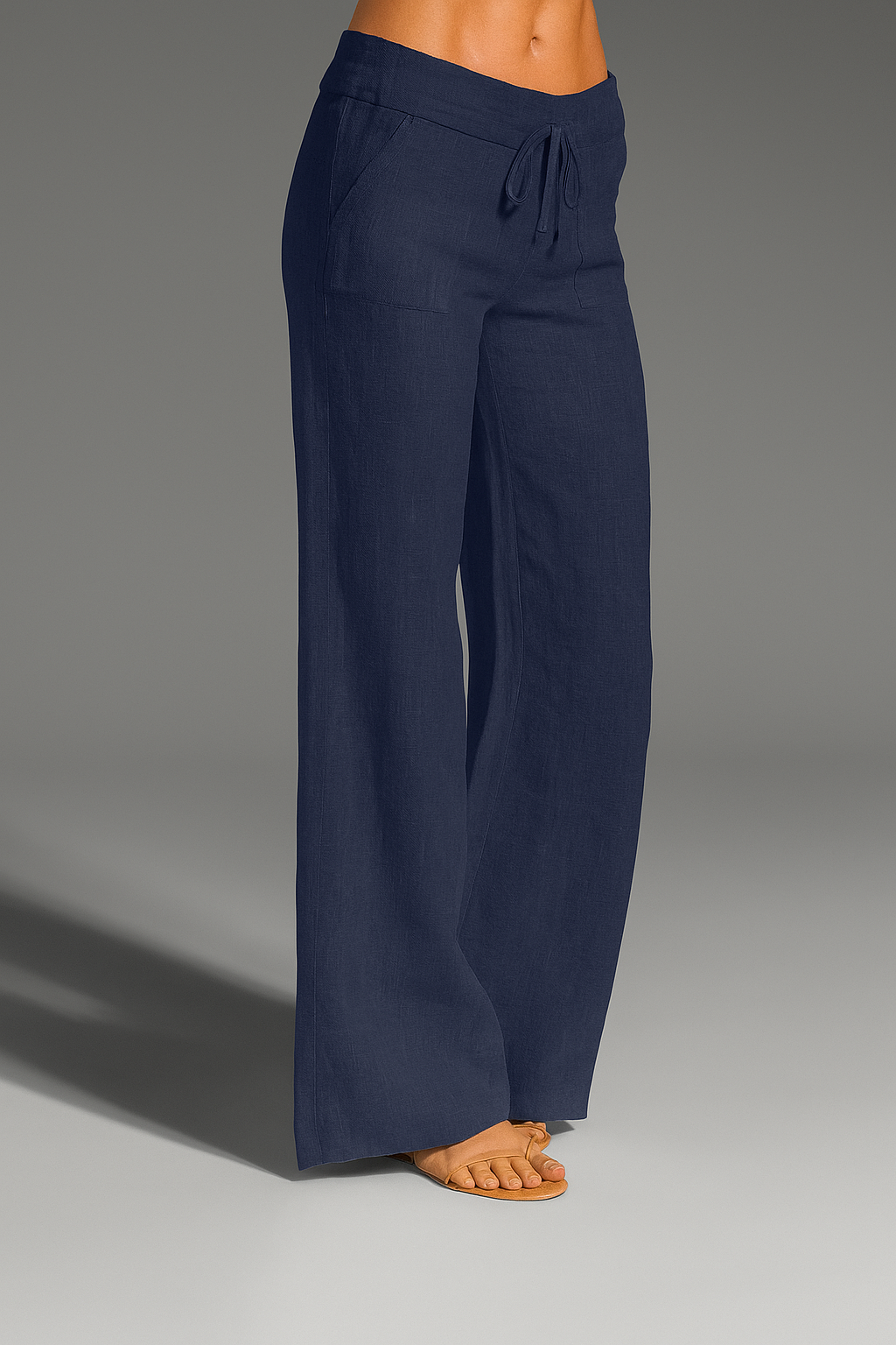 Relaxed Fit Wide Leg Linen Trousers with Drawstring Waist