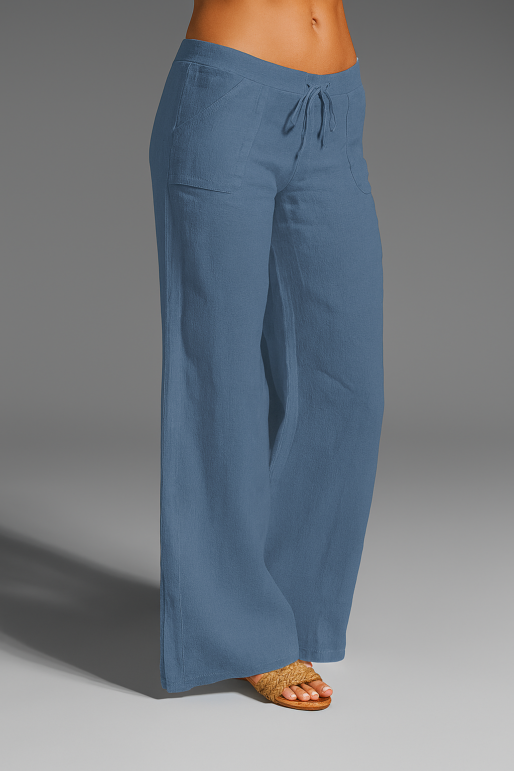 Relaxed Fit Wide Leg Linen Trousers with Drawstring Waist