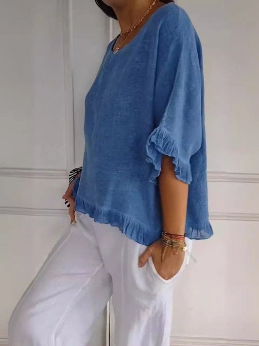 Relaxed Half Sleeve Linen Blouse with Ruffle Hem