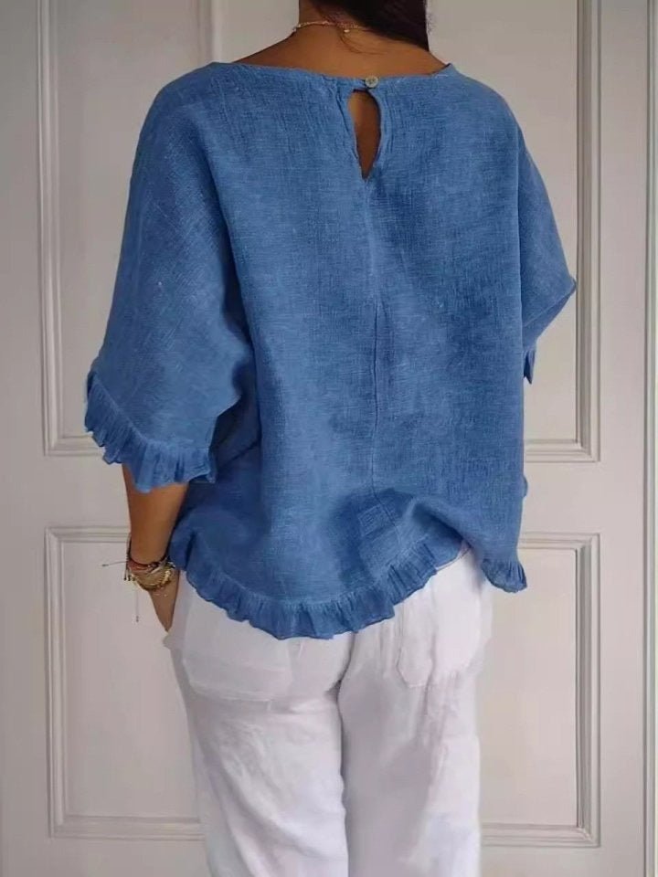 Relaxed Half Sleeve Linen Blouse with Ruffle Hem