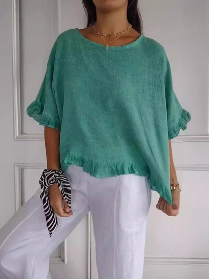 Relaxed Half Sleeve Linen Blouse with Ruffle Hem