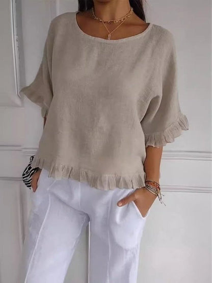 Relaxed Half Sleeve Linen Blouse with Ruffle Hem
