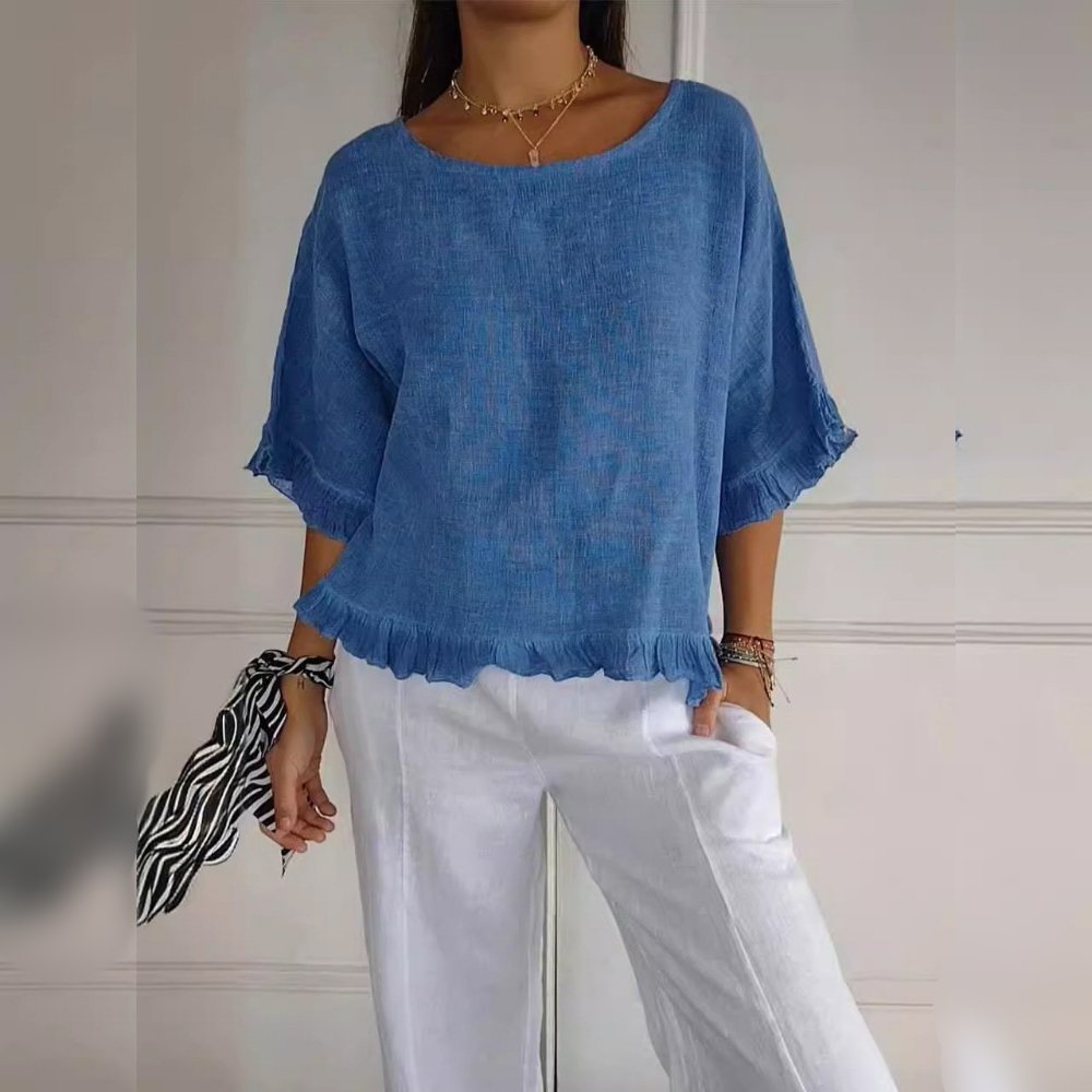 Relaxed Half Sleeve Linen Blouse with Ruffle Hem