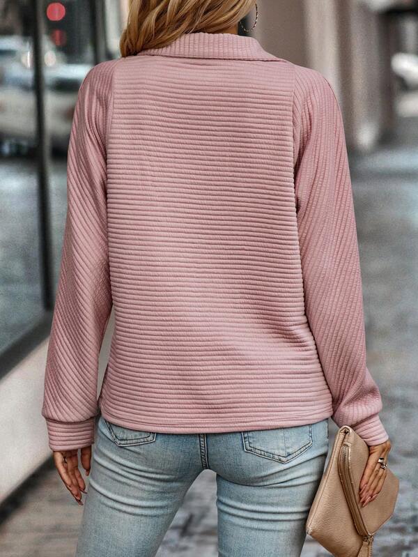 Relaxed Half Zip Sweatshirt with Ribbed Texture and Stand Collar