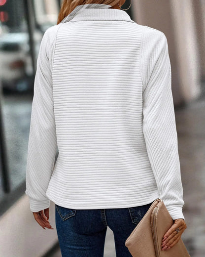 Relaxed Half Zip Sweatshirt with Ribbed Texture and Stand Collar