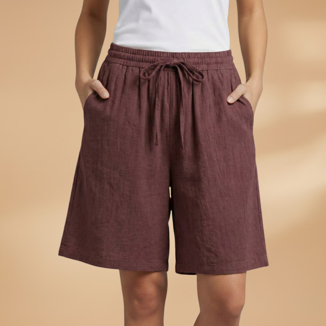 Relaxed High Waist Linen Shorts with Drawstring and Side Pockets