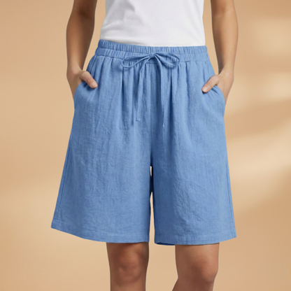 Relaxed High Waist Linen Shorts with Drawstring and Side Pockets