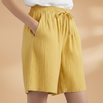 Relaxed High Waist Linen Shorts with Drawstring and Side Pockets