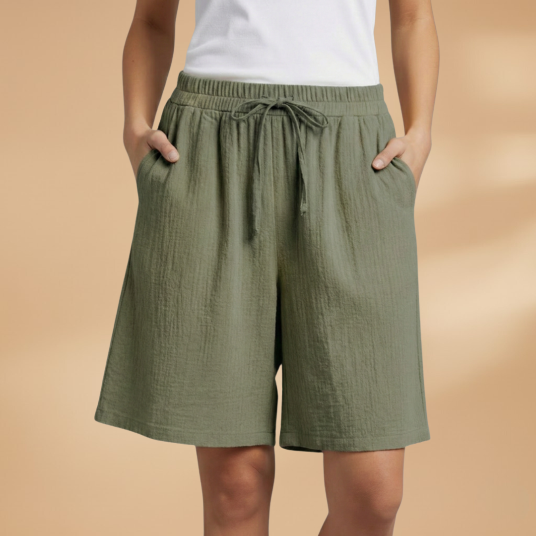 Relaxed High Waist Linen Shorts with Drawstring and Side Pockets
