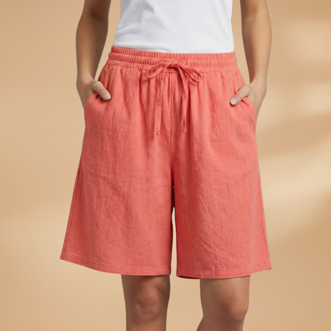 Relaxed High Waist Linen Shorts with Drawstring and Side Pockets