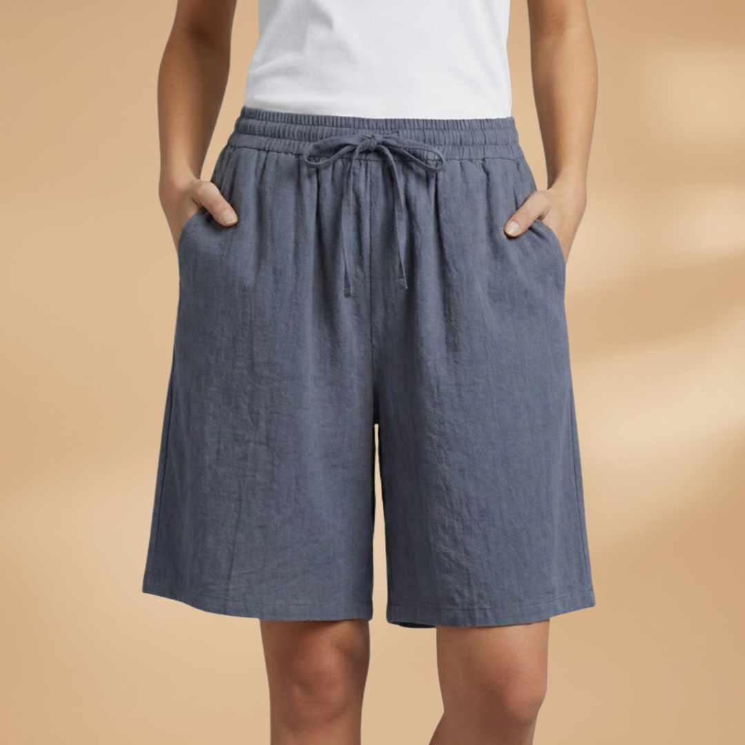 Relaxed High Waist Linen Shorts with Drawstring and Side Pockets