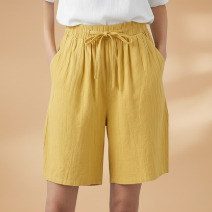 Relaxed High Waist Linen Shorts with Drawstring and Side Pockets