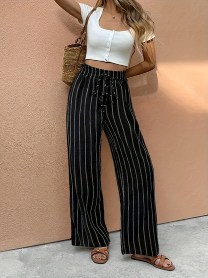 Relaxed High Waist Wide Leg Trousers with Stripe Print and Drawstring Waist