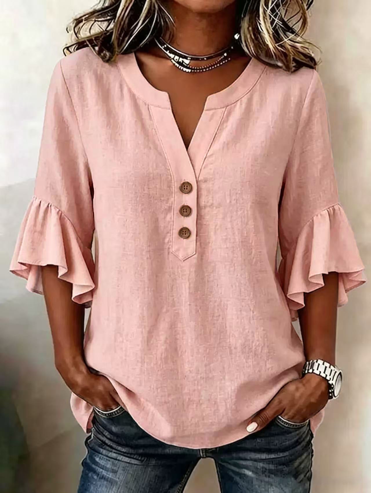 Relaxed Linen Blouse with Ruffle Sleeves and Button Front