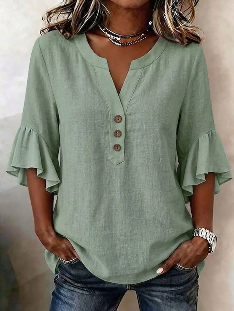 Relaxed Linen Blouse with Ruffle Sleeves and Button Front