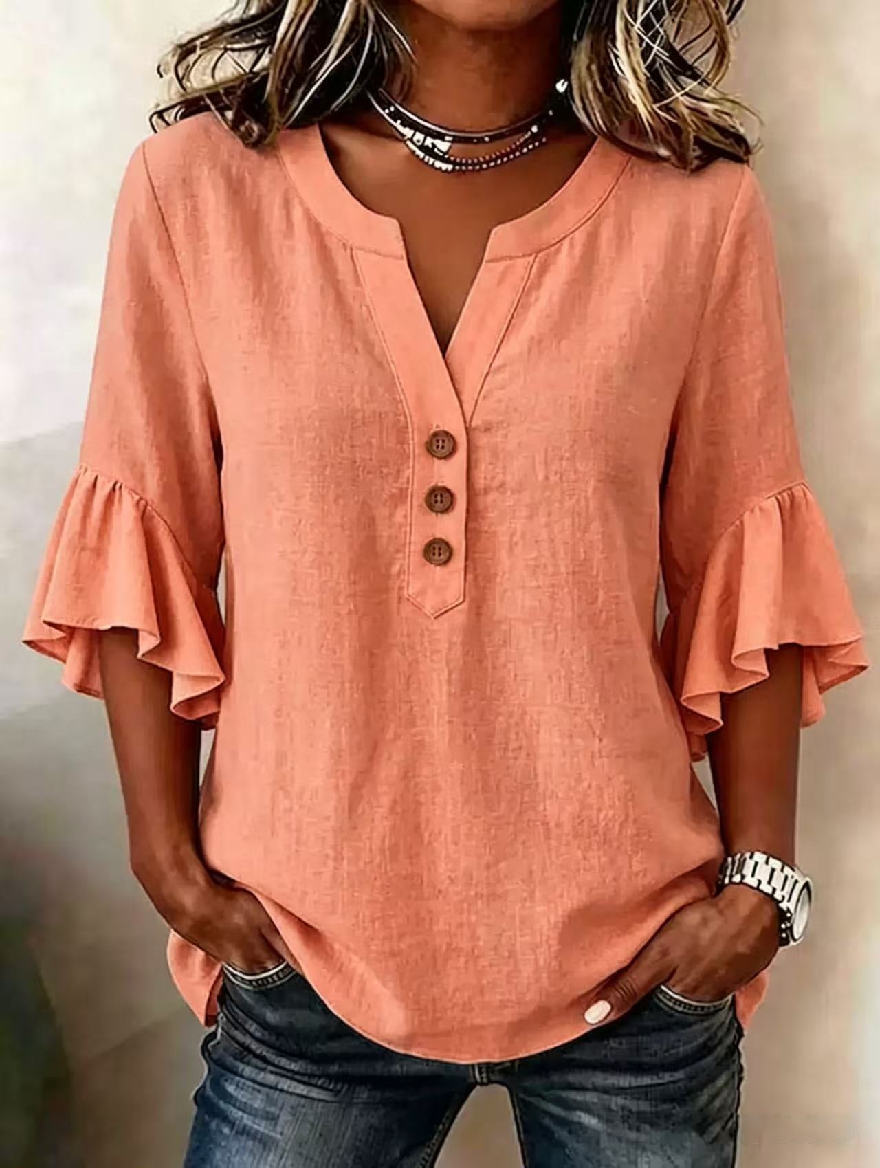 Relaxed Linen Blouse with Ruffle Sleeves and Button Front