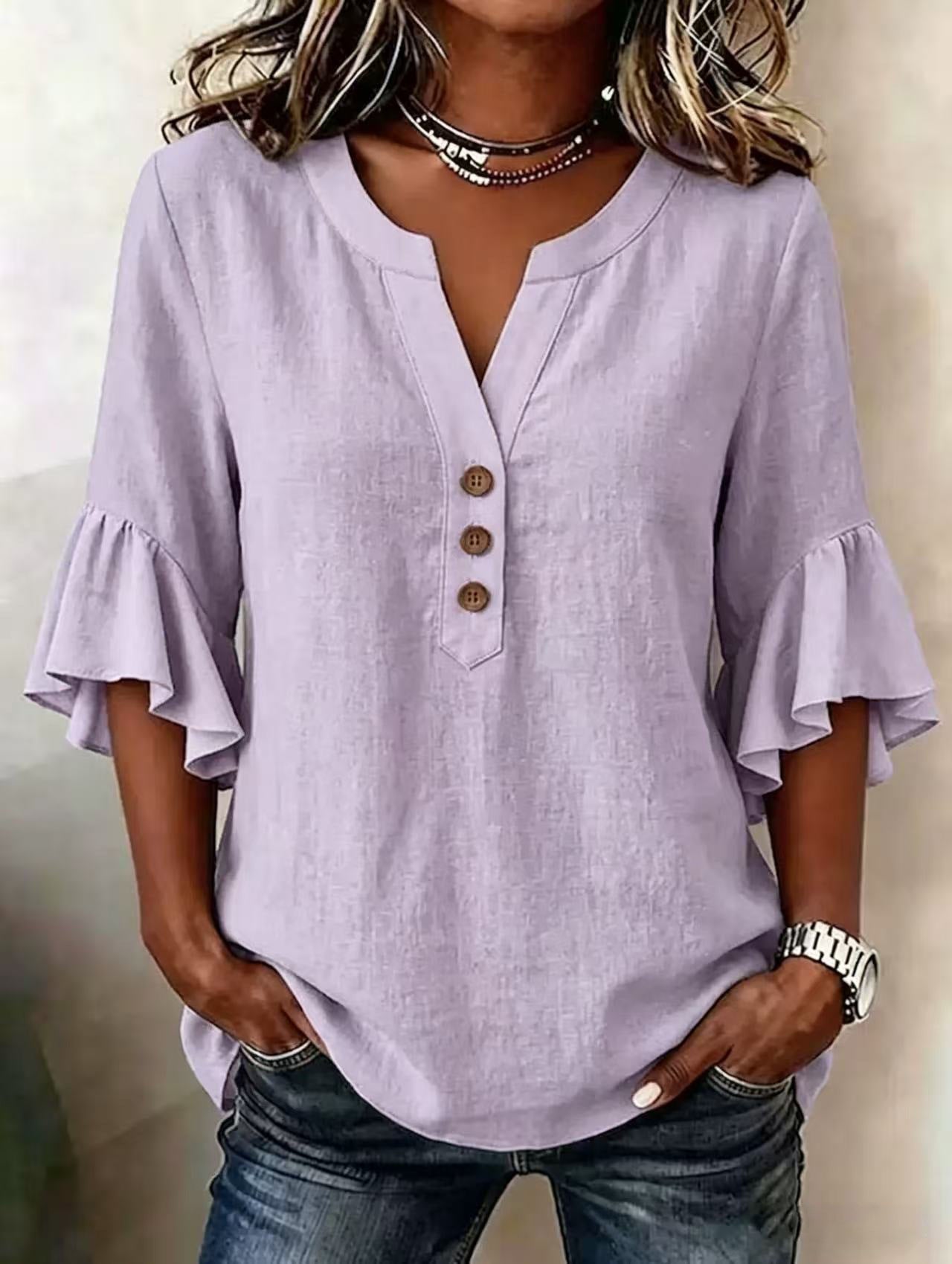 Relaxed Linen Blouse with Ruffle Sleeves and Button Front