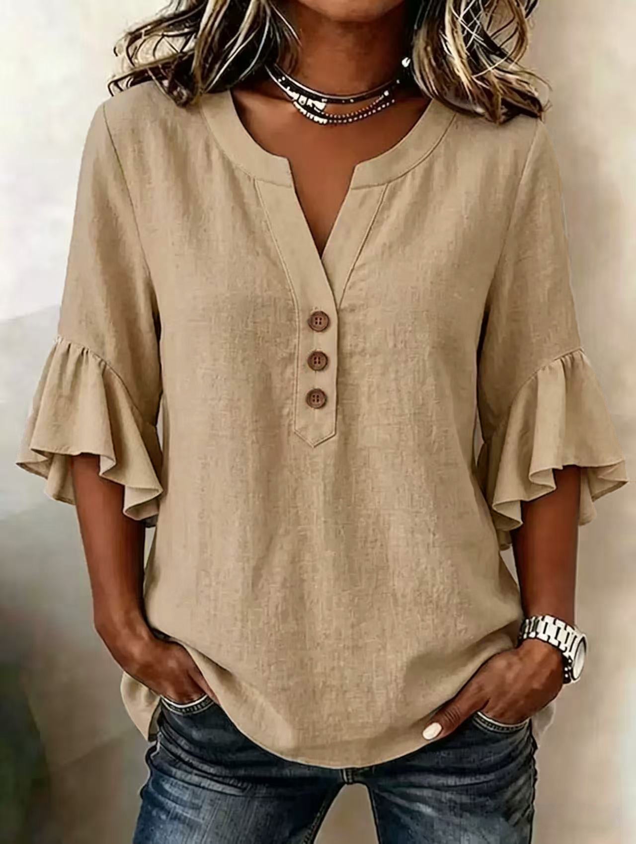 Relaxed Linen Blouse with Ruffle Sleeves and Button Front