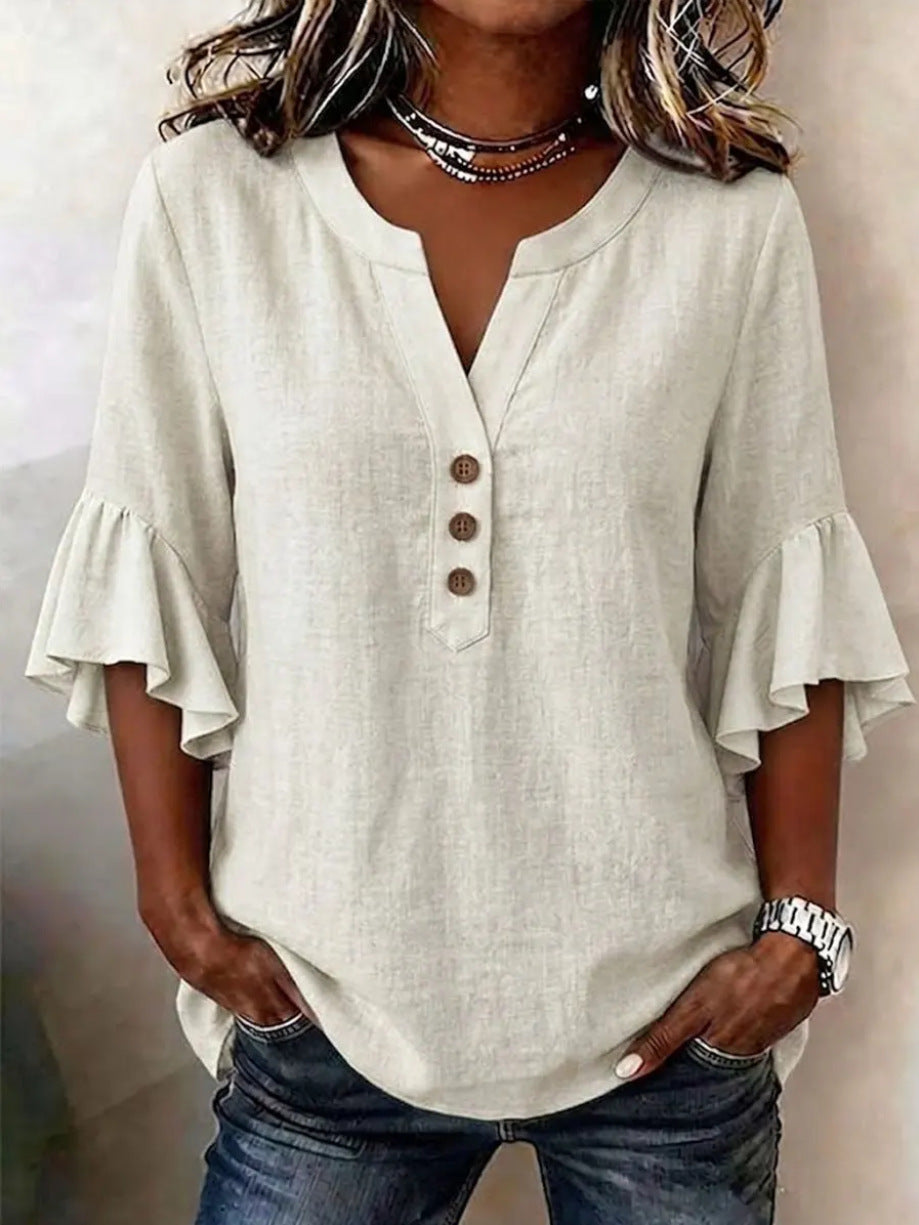 Relaxed Linen Blouse with Ruffle Sleeves and Button Front