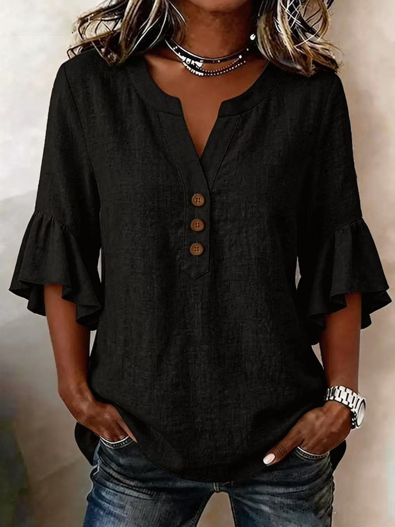 Relaxed Linen Blouse with Ruffle Sleeves and Button Front