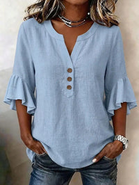 Relaxed Linen Blouse with Ruffle Sleeves and Button Front