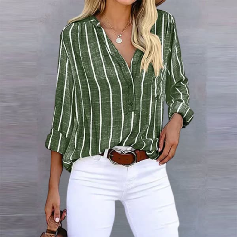 Relaxed Linen Blouse with Vertical Stripes and Long Sleeves