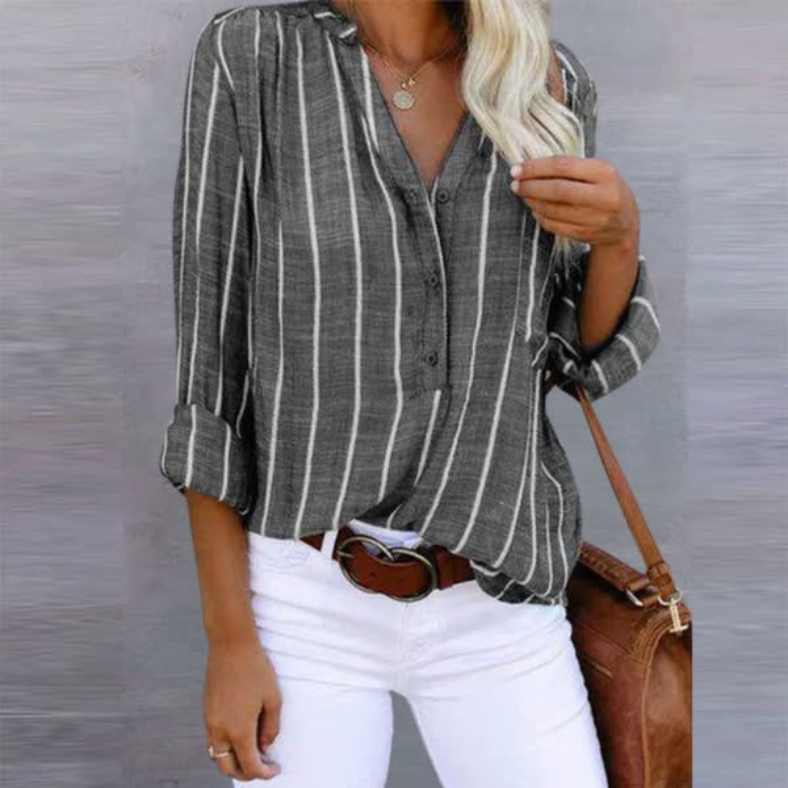Relaxed Linen Blouse with Vertical Stripes and Long Sleeves