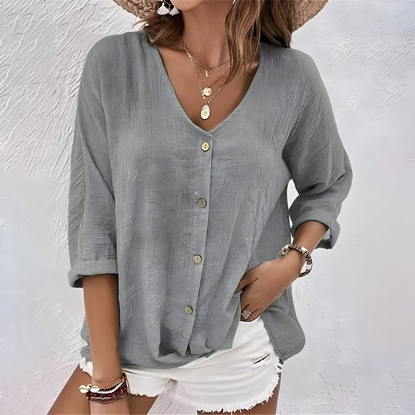 Relaxed Linen Button-Up Blouse with V-Neckline