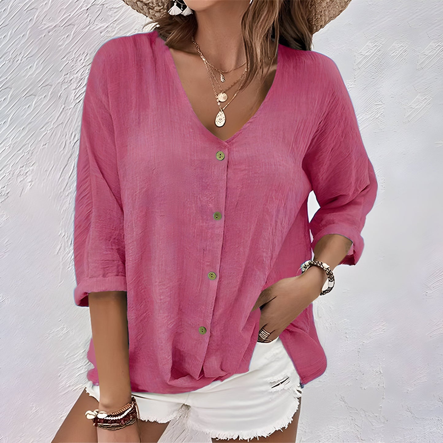 Relaxed Linen Button-Up Blouse with V-Neckline