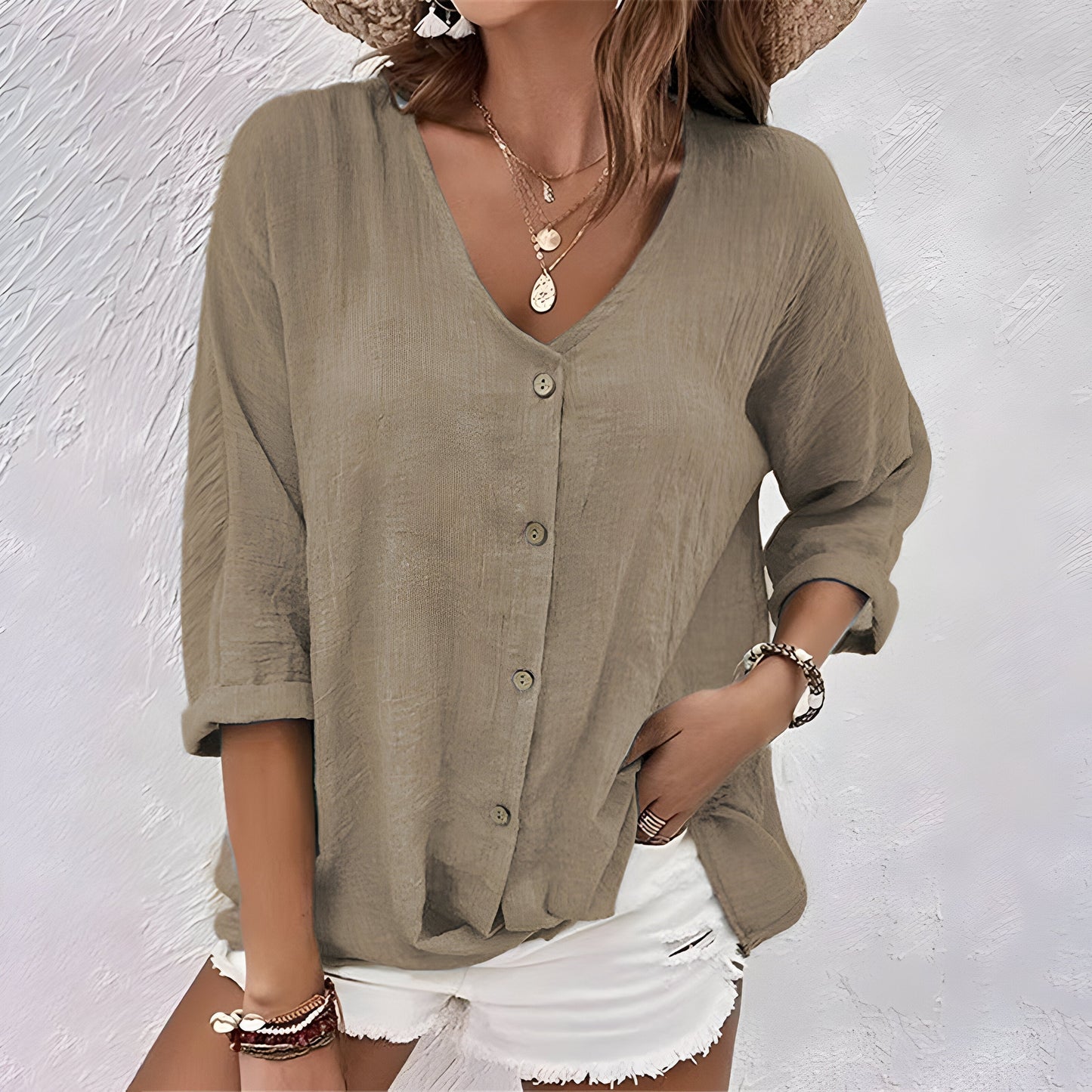 Relaxed Linen Button-Up Blouse with V-Neckline