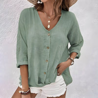 Relaxed Linen Button-Up Blouse with V-Neckline