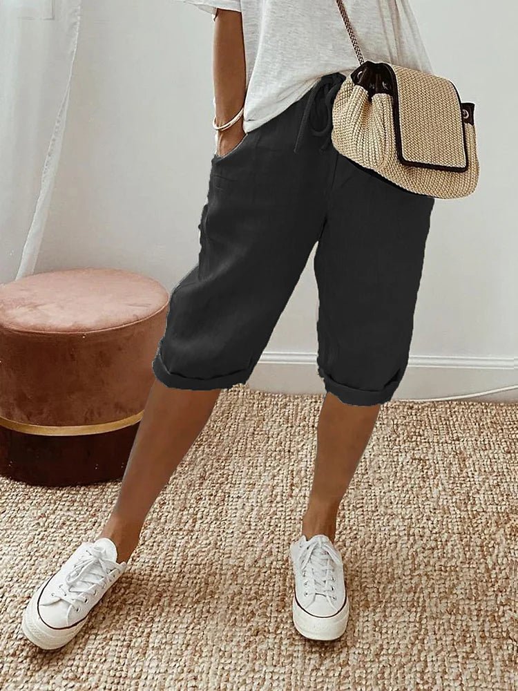 Relaxed Linen Capri Pants with Drawstring Waist and Roll-Up Hem