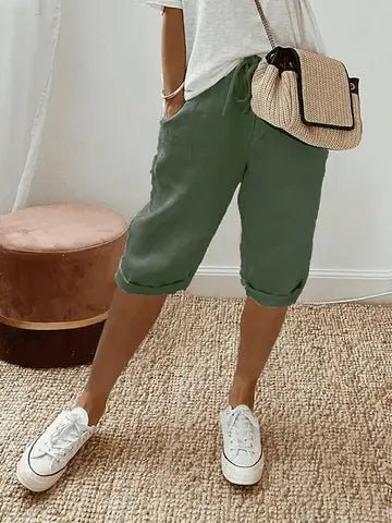 Relaxed Linen Capri Pants with Drawstring Waist and Roll-Up Hem