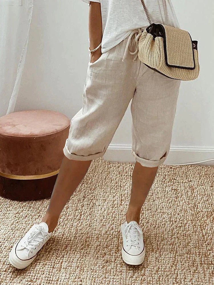 Relaxed Linen Capri Pants with Drawstring Waist and Roll-Up Hem
