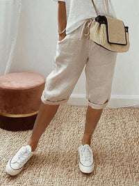 Relaxed Linen Capri Pants with Drawstring Waist and Roll-Up Hem