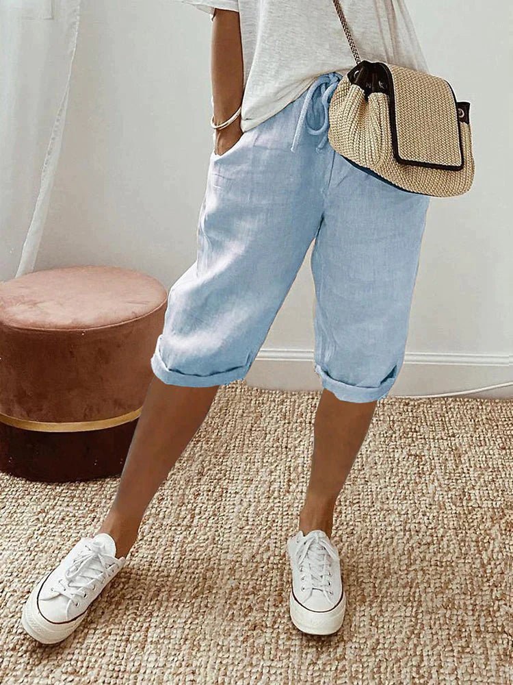 Relaxed Linen Cropped Trousers with Drawstring Waist and Roll-Up Hem