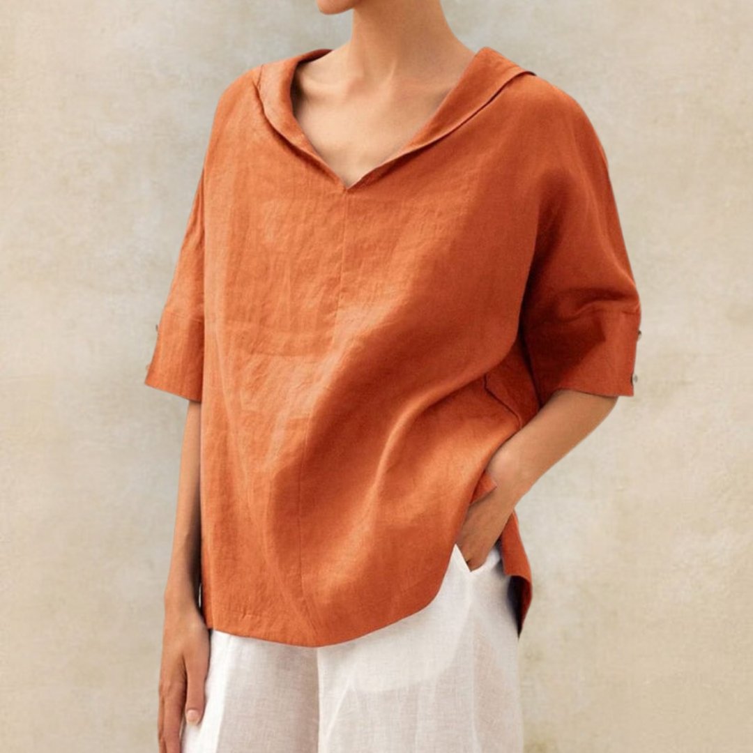 Relaxed Linen Hooded Top with V-Neckline and Short Sleeves