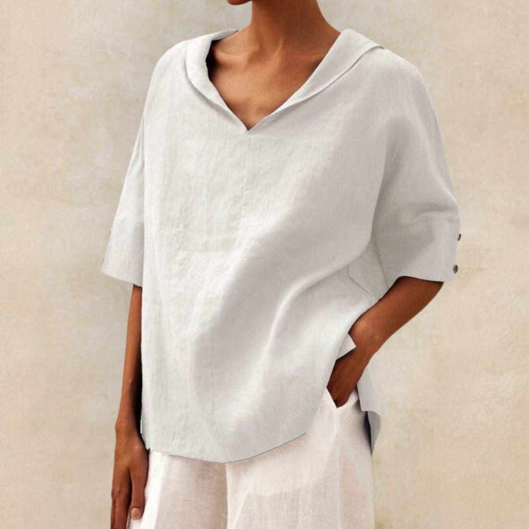 Relaxed Linen Hooded Top with V-Neckline and Short Sleeves