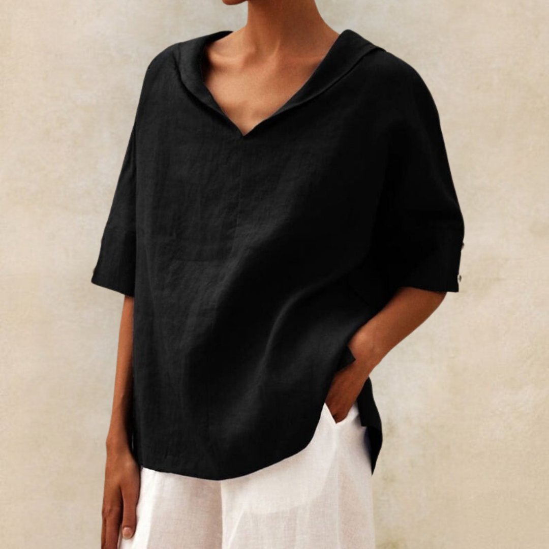 Relaxed Linen Hooded Top with V-Neckline and Short Sleeves